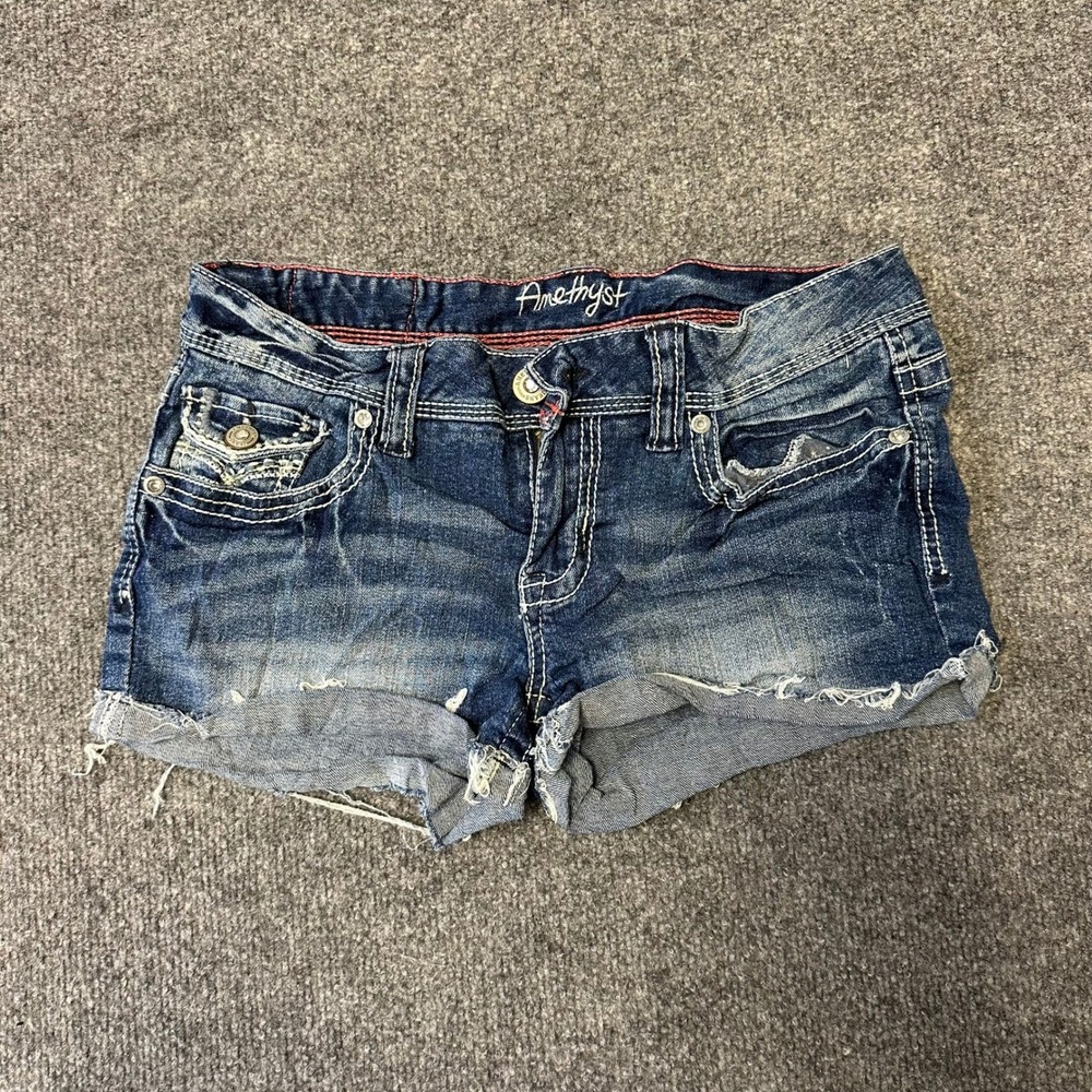 Amethyst Shorts Womens Size 7 Blue Denim Low Rise Cut Off Contrast Stitch Casual